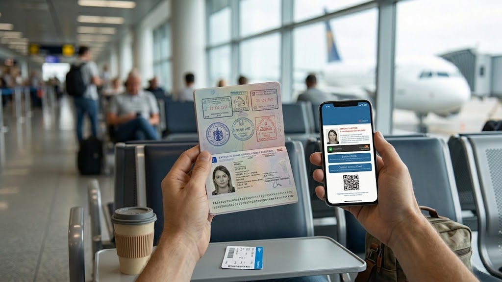 Traveller holding a passport and smartphone while preparing the Thailand Digital Arrival Card