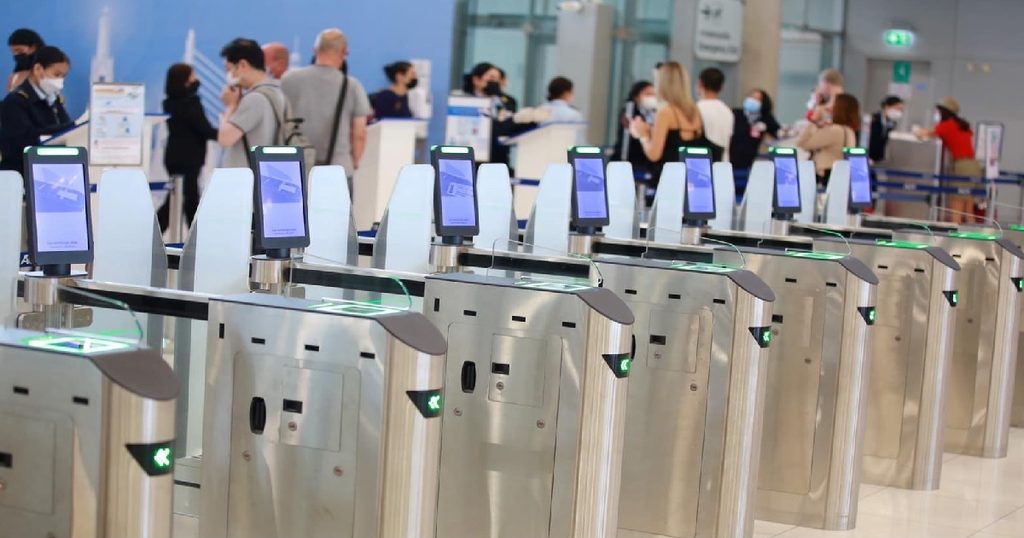 Automated passport gates in the arrivals immigration hall of a Thai airport
