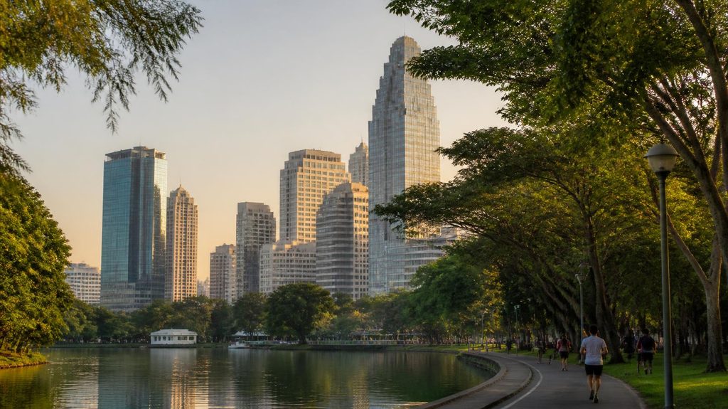 Benjakitti Park lake with the Bangkok skyline in the background