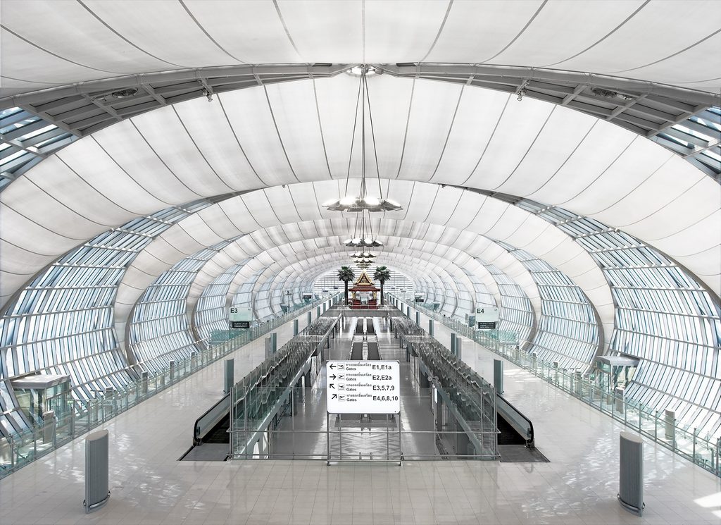 Suvarnabhumi Airport's glass and steel terminal building, Bangkok's main international gateway
