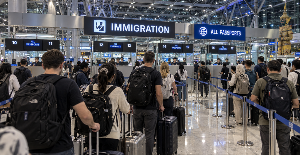 Travellers queueing at immigration in the Suvarnabhumi arrivals hall at night