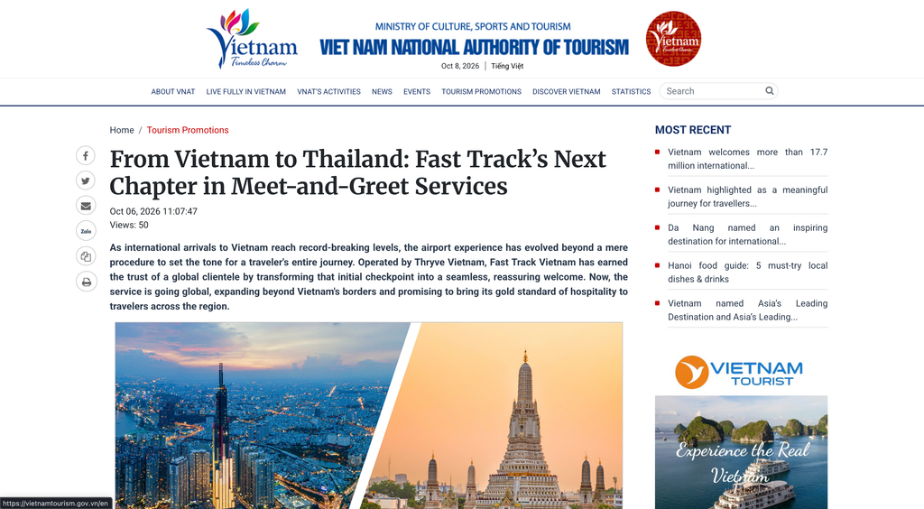 VNAT portal article on the Fast Track Thailand launch, published 6 October 2026.